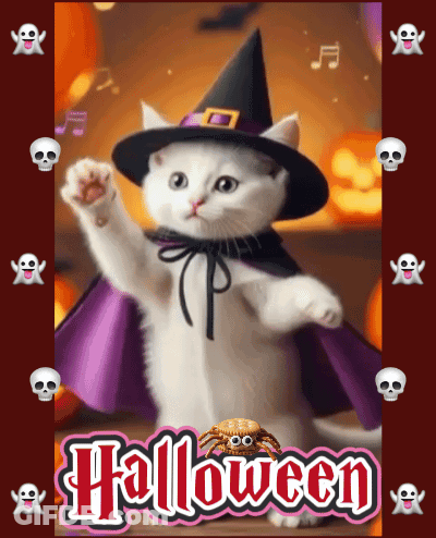 A White Cat Wearing A Witch Hat And Cape Is Surrounded By Skulls And The Words Halloween GIF