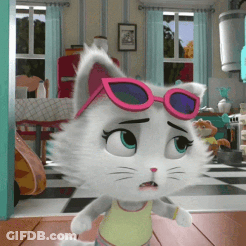 A White Cat Wearing Pink Sunglasses And A Yellow Shirt GIF