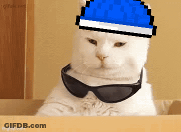 A White Cat Wearing Sunglasses And A Blue Hat Is Sitting In A Box GIF
