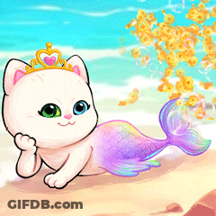 A White Cat With A Crown On Its Head And A Purple Tail GIF