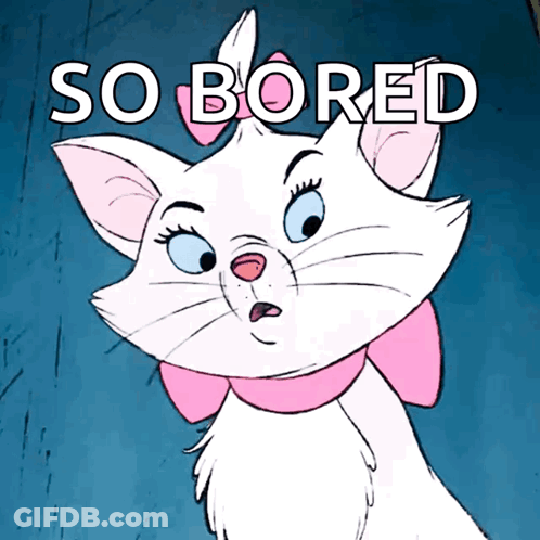 A White Cat With A Pink Bow Around Its Neck And The Words So Bored Above It GIF