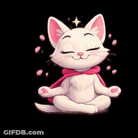 A White Cat With A Pink Scarf Around Its Neck Sits In A Lotus Position GIF