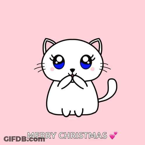 A White Cat With A Red Heart In Its Mouth And The Words Merry Christmas Below It GIF