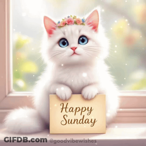 A White Cat With Blue Eyes Is Holding A Card That Says Happy Sunday GIF