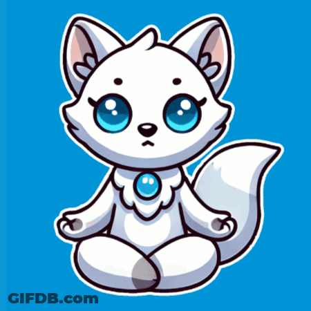 A White Cat With Blue Eyes Sits In A Lotus Position On A Blue Background GIF