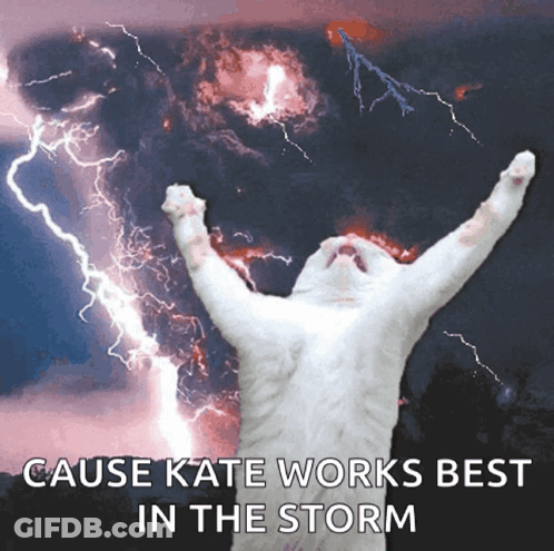 A White Cat With Its Arms In The Air In Front Of A Lightning Storm GIF