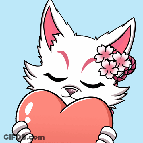 A White Cat With Pink Flowers On Its Head Holding A Heart GIF