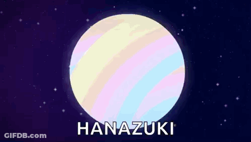 A White Circle With The Word Hanazuki Written On It In The Middle Of A Galaxy . GIF