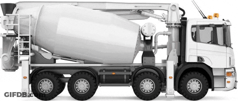 A White Concrete Mixer Truck With A Pump Attached To The Back Of It On A White Background . GIF