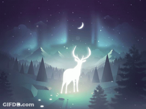 A White Deer Stands In A Forest With A Crescent Moon In The Sky GIF