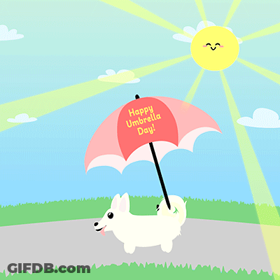 A White Dog Is Holding An Umbrella That Says Happy Umbrella Day GIF