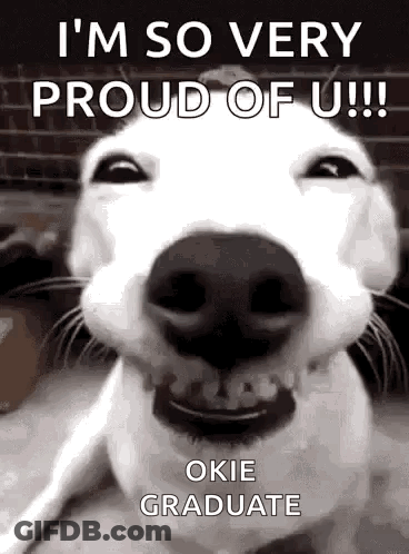 A White Dog Is Smiling And Saying `` I 'M So Very Proud Of U !!! '' GIF