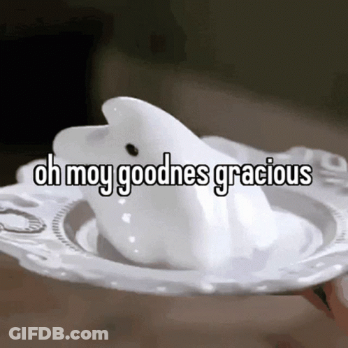 A White Dolphin On A Plate With The Words Oh Moy Goodnes Gracious Below It GIF