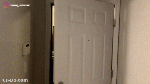 A White Door Is Open In A Room With The Word Official On The Wall GIF