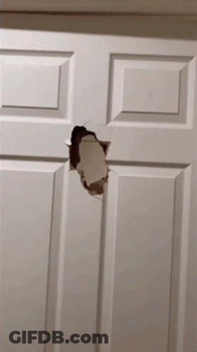A White Door With A Hole In It And A Piece Of Paper Sticking Out GIF