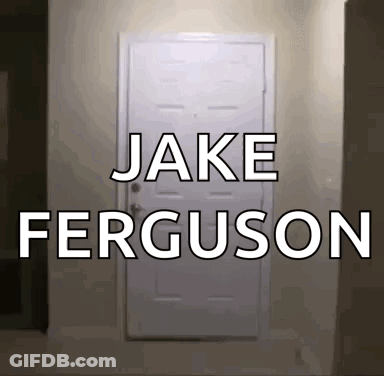 A White Door With The Name Jake Ferguson Written On It GIF
