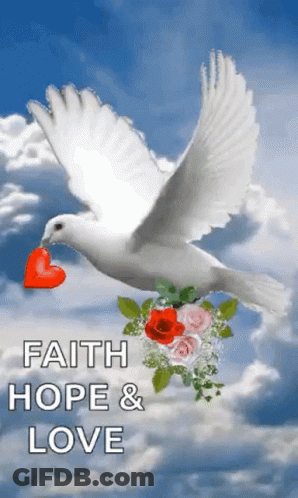 A White Dove Is Flying With A Red Heart In Its Beak GIF