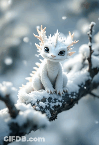 A White Dragon Sitting On A Snowy Branch GIF