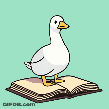 A White Duck Wearing A Purple Witch Hat Stands On An Open Book GIF