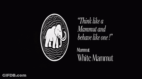 A White Elephant In A Circle With The Words " Think Like A Mammut And Behave Like One " Below It GIF