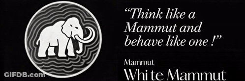 A White Elephant Is In A Circle With The Words " Think Like A Mammut And Behave Like One " GIF