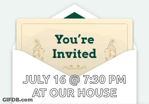 A White Envelope With The Words July 16 @ 7:30 Pm At Our House Written On It GIF