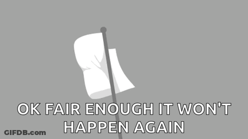 A White Flag On A Pole With The Words `` Ok Fair Enough It Won 'T Happen Again '' GIF