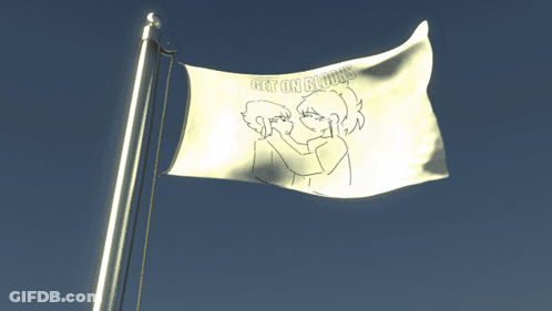 A White Flag With A Drawing Of Two People And The Words " Very Very Proud " GIF