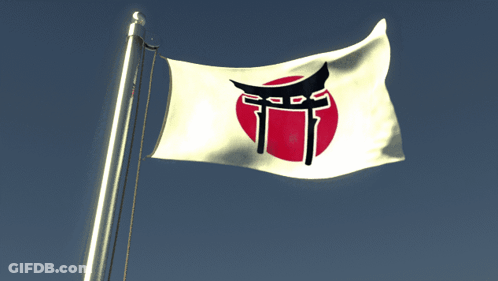 A White Flag With A Red Circle And A Torii Gate On It GIF