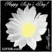 A White Flower With A Yellow Center Is On A Black Background With The Words `` Happy Sister 'S Day '' Written On It . GIF