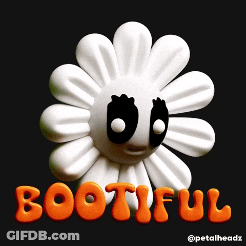 A White Flower With Black Eyes And The Word Bootiful In Orange GIF