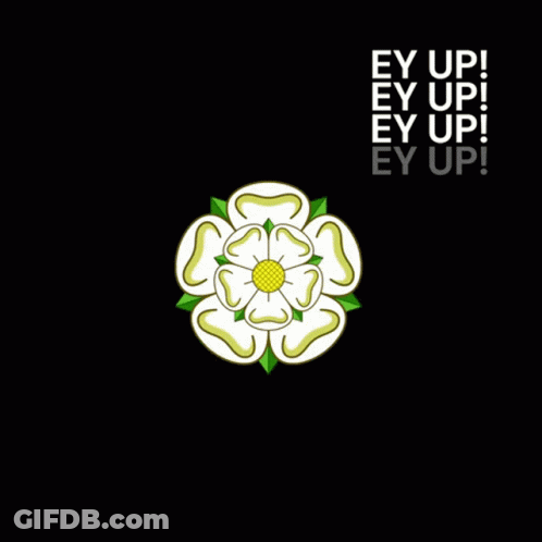 A White Flower With Green Leaves Is Surrounded By The Words Ey Up On A Black Background GIF