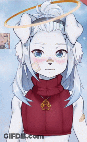 A White Furry Anime Character With A Red Turtleneck And A Paw Print Necklace GIF