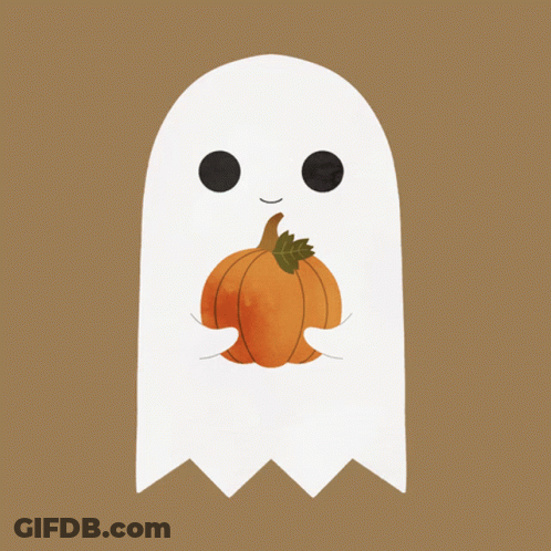 A White Ghost Is Holding A Pumpkin With A Brown Background GIF