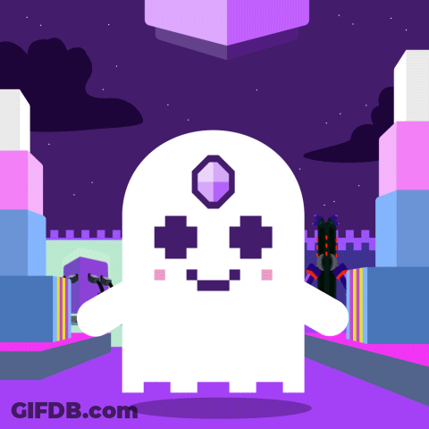 A White Ghost With A Purple Cube In The Middle Of Its Head GIF