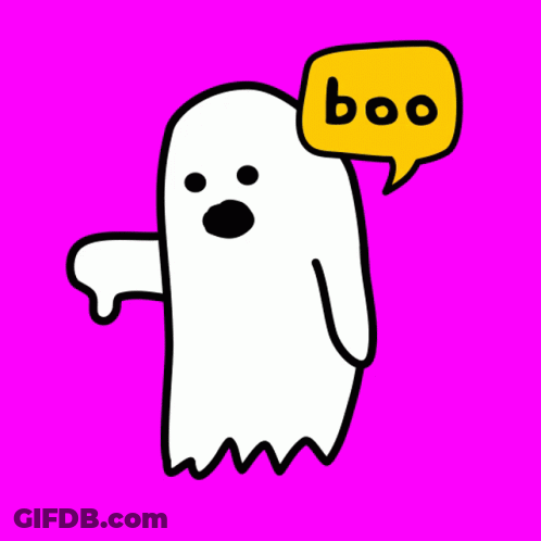 A White Ghost With A Yellow Speech Bubble That Says Boo GIF