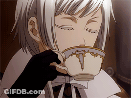A White Haired Anime Character Is Drinking From A White Cup GIF