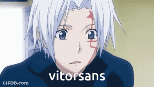 A White Haired Anime Character With The Word Vitorsans Written Below Him GIF
