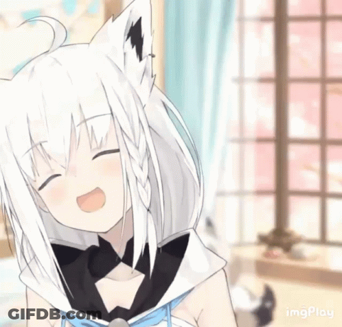 A White Haired Anime Girl With A Cat Ear Is Smiling In Front Of A Window . GIF