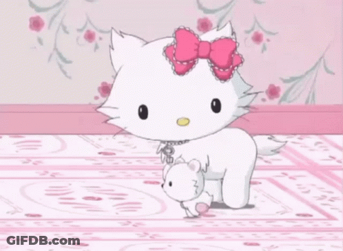 A White Hello Kitty With A Pink Bow Is Walking On A Pink Floor GIF