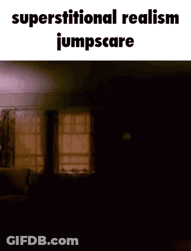 A White Horse In A Dark Room With The Words Superstititional Realism Jumpscare GIF