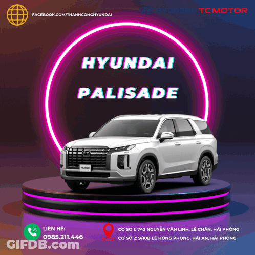 A White Hyundai Palisade Is Displayed In Front Of A Neon Circle GIF