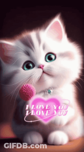 A White Kitten Holding A Pink Heart With The Words I Love You On It GIF