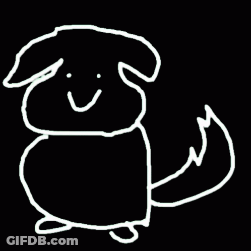 A White Line Drawing Of A Dog With A Tail And A Smile On A Black Background . GIF