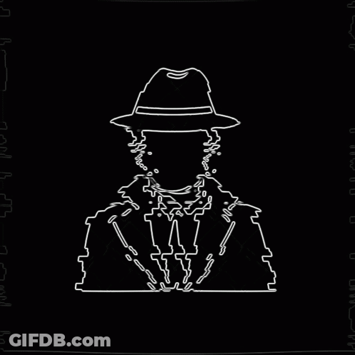 A White Line Drawing Of A Man Wearing A Hat And Coat . GIF