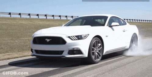 A White Mustang Is Driving Down A Road With Smoke Coming Out Of Its Tires GIF