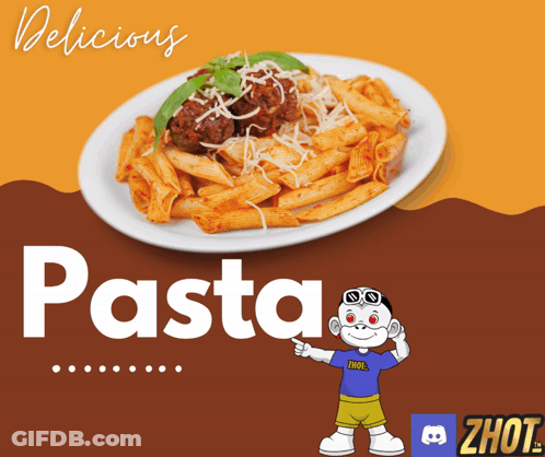 A White Plate Of Pasta With Meatballs On A Brown And Orange Background GIF