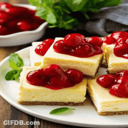 A White Plate Topped With Cheesecake And Cherries GIF
