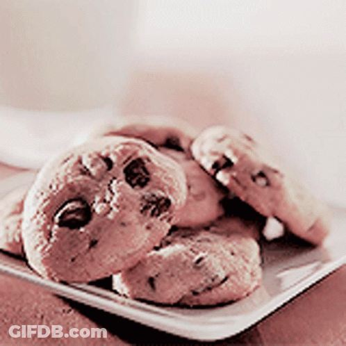 A White Plate With Chocolate Chip Cookies On It GIF