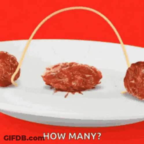 A White Plate With Spaghetti And Meatballs On It With The Words How Many Written On The Bottom GIF